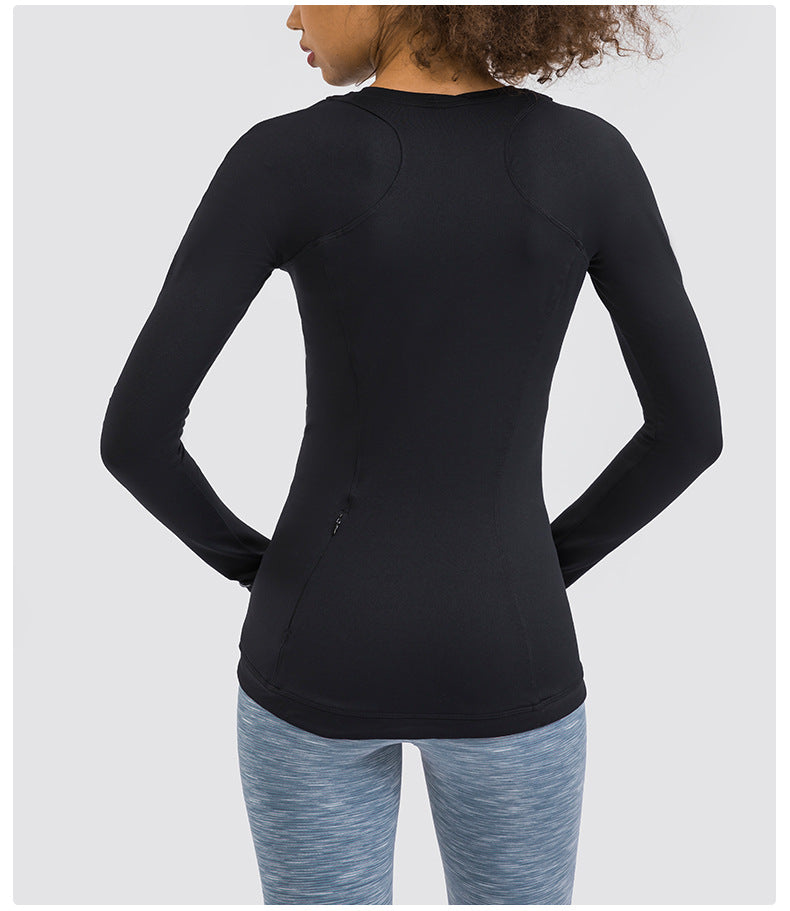 Hidden Zipper Pocket Yoga Workout Sport Pullover Women Thermal Nylon Crew Neck Nylon Running Gym Long Sleeved Shirts