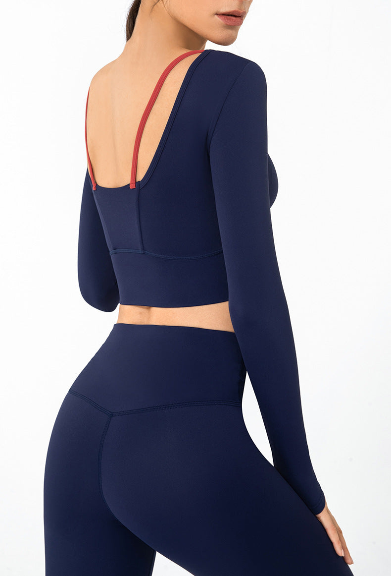 Hit Color Long Sleeved Sports Yoga Shirts Women Leisure Fitness Running Workout Cropped Tops Pullover with Built In Bra