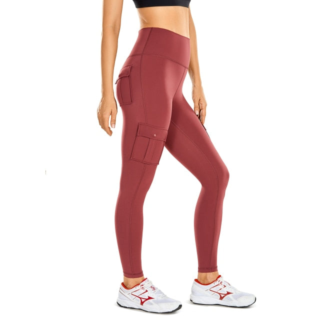 Women's Naked Feeling Cargo Workout Leggings 25 Inches - High Waisted Athletic Yoga Pants with 4 Pockets