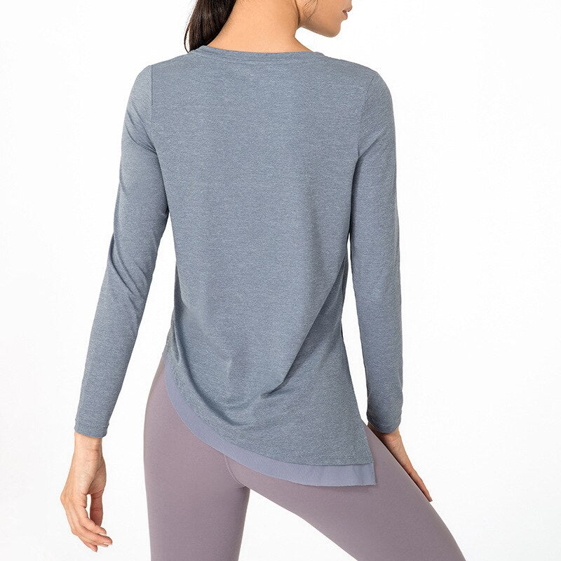 Leisure Side Tie Long Sleeve Fitness Sport Shirts Women Crew Neck Asymmetrical Hem Yoga Workout Pullover Tops S-XXL