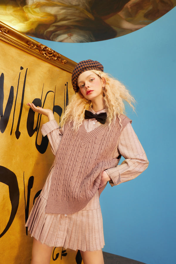 Solid Bows Front Knitted Casual Preppy Mini Dresses Women,Spring ELF Vintage High Wasit Ladies Daily 2-IN-1Dress