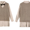 Solid Bows Front Knitted Casual Preppy Mini Dresses Women,Spring ELF Vintage High Wasit Ladies Daily 2-IN-1Dress