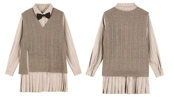 Solid Bows Front Knitted Casual Preppy Mini Dresses Women,Spring ELF Vintage High Wasit Ladies Daily 2-IN-1Dress