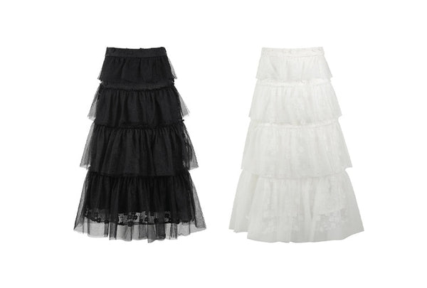Solid Pure High Waist Casual Women Midi Mesh Skirts,Spring ELF Vintage Contrast Lace,Ladies Basic Daily Bottom