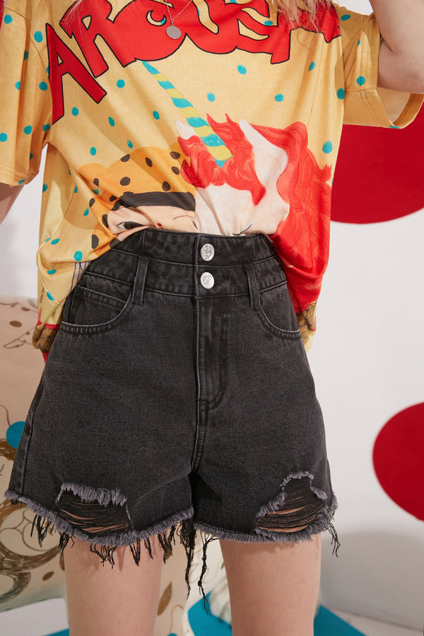 Solid Cartoon Applique Raw Hem Women Casual Denim Shorts,Spring ELF Pure High Waist,Ladies Basic Daily Bottoms
