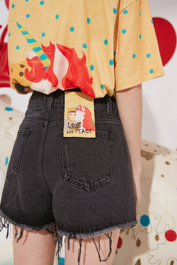 Solid Cartoon Applique Raw Hem Women Casual Denim Shorts,Spring ELF Pure High Waist,Ladies Basic Daily Bottoms
