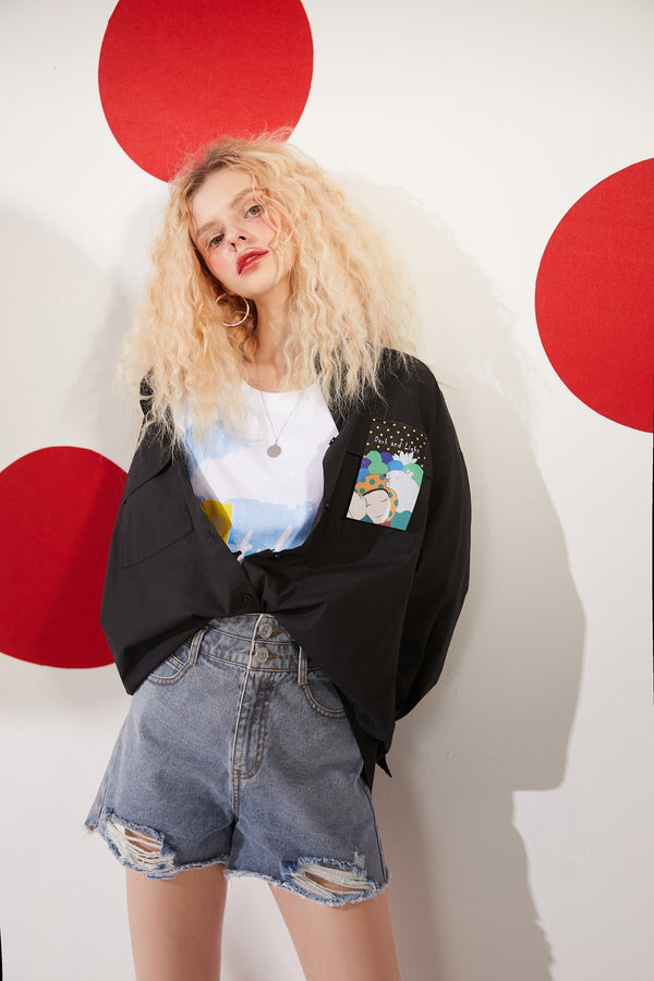 Solid Cartoon Applique Raw Hem Women Casual Denim Shorts,Spring ELF Pure High Waist,Ladies Basic Daily Bottoms