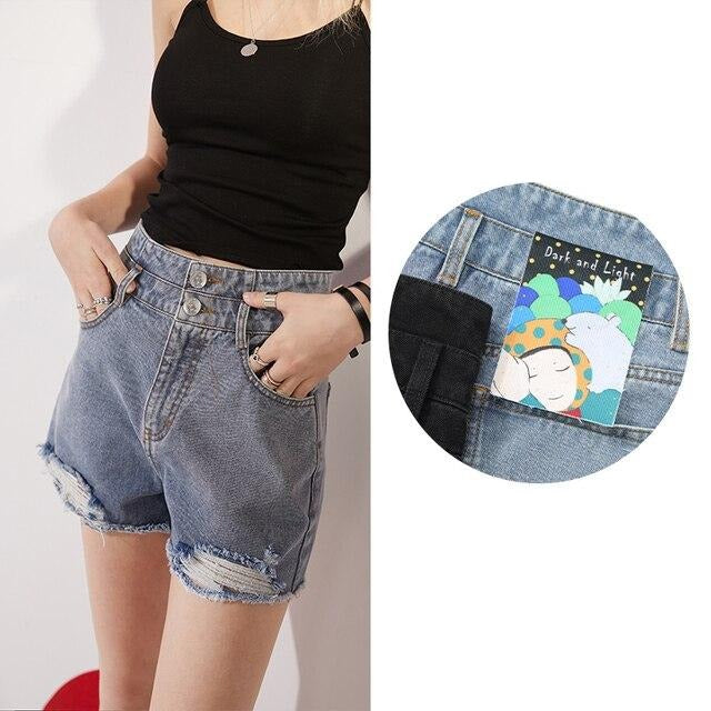 Solid Cartoon Applique Raw Hem Women Casual Denim Shorts,Spring ELF Pure High Waist,Ladies Basic Daily Bottoms