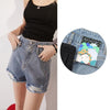 Solid Cartoon Applique Raw Hem Women Casual Denim Shorts,Spring ELF Pure High Waist,Ladies Basic Daily Bottoms