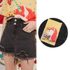 Solid Cartoon Applique Raw Hem Women Casual Denim Shorts,Spring ELF Pure High Waist,Ladies Basic Daily Bottoms