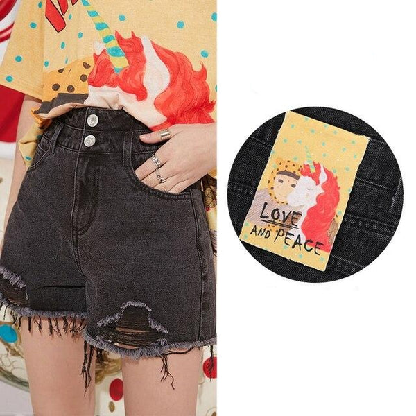 Solid Cartoon Applique Raw Hem Women Casual Denim Shorts,Spring ELF Pure High Waist,Ladies Basic Daily Bottoms