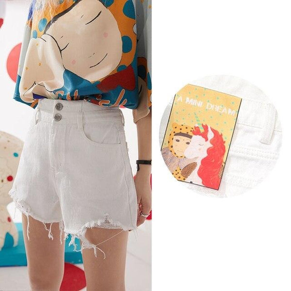 Solid Cartoon Applique Raw Hem Women Casual Denim Shorts,Spring ELF Pure High Waist,Ladies Basic Daily Bottoms