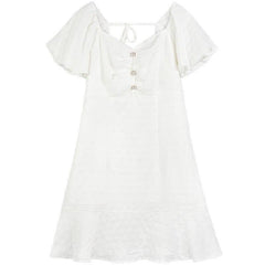 Solid Pure Casual Chic Button Party Dresses Women,Spring Backless Vintage Puff Sleeve Ladies Daily Summer Dress