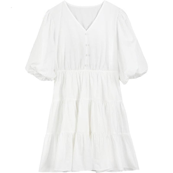 Solid Pure Casual Midi Ruffle Dresses Women,Spring ELF Vintage Lantern Sleeve High Waist Ladies Daily Summer Dress