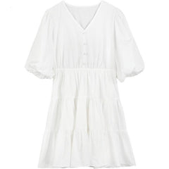 Solid Pure Casual Midi Ruffle Dresses Women,Spring ELF Vintage Lantern Sleeve High Waist Ladies Daily Summer Dress