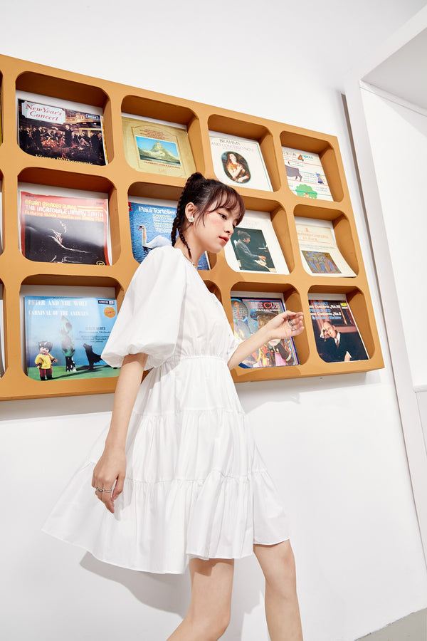 Solid Pure Casual Midi Ruffle Dresses Women,Spring ELF Vintage Lantern Sleeve High Waist Ladies Daily Summer Dress
