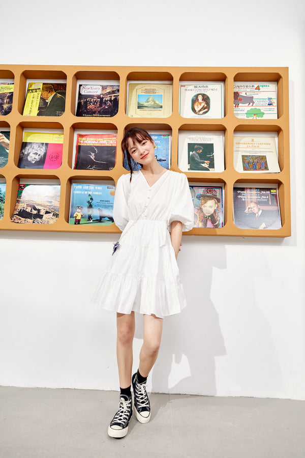 Solid Pure Casual Midi Ruffle Dresses Women,Spring ELF Vintage Lantern Sleeve High Waist Ladies Daily Summer Dress