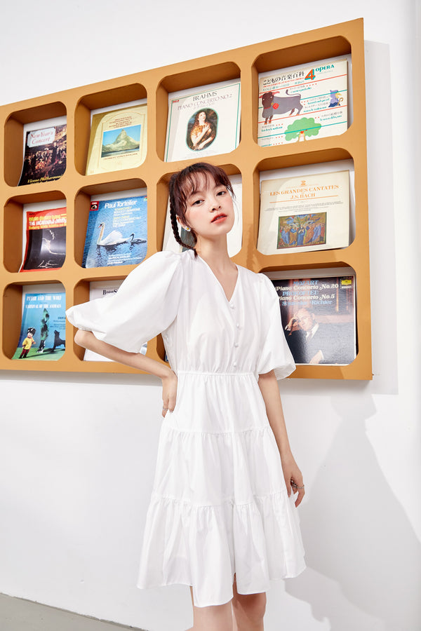 Solid Pure Casual Midi Ruffle Dresses Women,Spring ELF Vintage Lantern Sleeve High Waist Ladies Daily Summer Dress