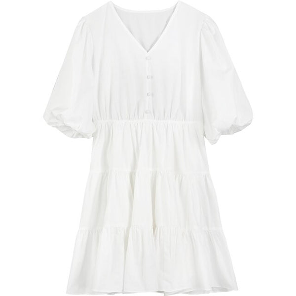 Solid Pure Casual Midi Ruffle Dresses Women,Spring ELF Vintage Lantern Sleeve High Waist Ladies Daily Summer Dress
