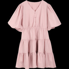 Solid Pure Casual Midi Ruffle Dresses Women,Spring ELF Vintage Lantern Sleeve High Waist Ladies Daily Summer Dress