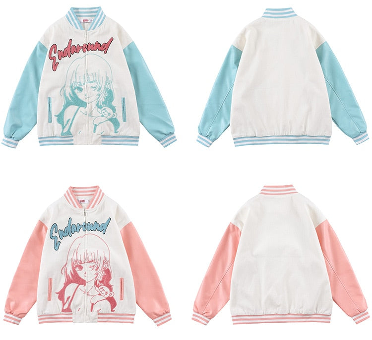 Jacket Men Furry Cartoon Comics Girl Letter Outwear Oversized College Style Hipster Coats All-match Streetwear