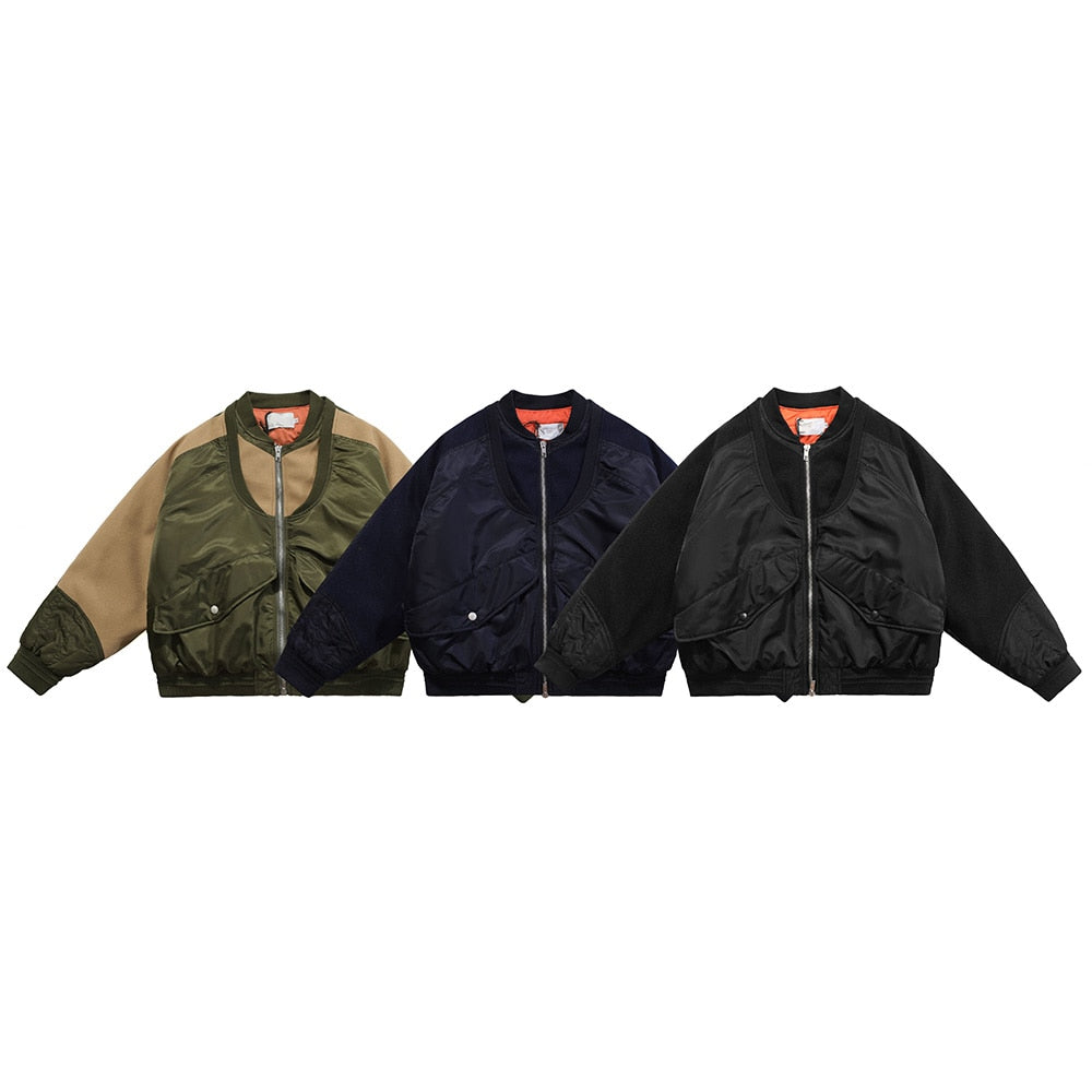 Patchwork Color Winter Jacket Men Button Pockets Zipper Warm Cozy Thick Coat Retro Fashion Bomber Jacket Men Streetwear
