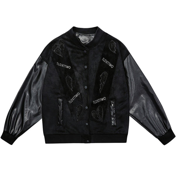 Jacket Men Diamonds Broken Heart Leather Patchwork Sleeve Baseball Coat Hip Hop Outwear Fashion Casual Loose Streetwear