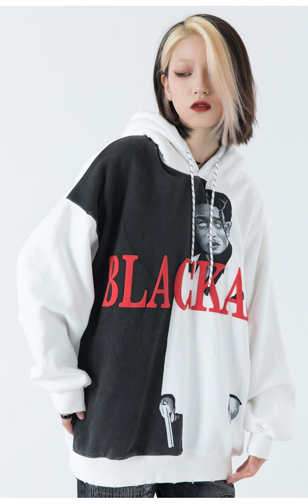 Hoodie Men Cool Man Color Block Print Pullover Winter Plus Velvet Cozy Hipster Hip Hop Punk High Street Male Streetwear