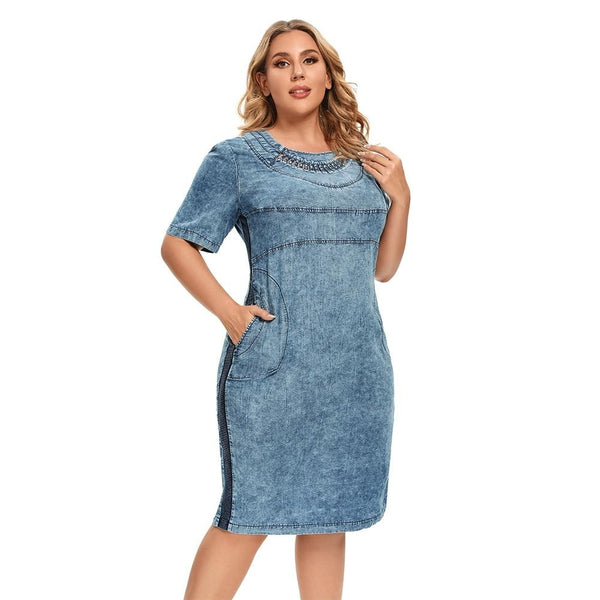 Women's Plus Size Denim Dress Summer Slim Fit Dress Casual Dress Woven Denim Short Sleeve -LengtKneeh