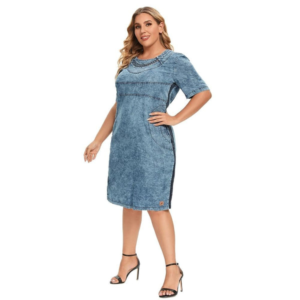 Women's Plus Size Denim Dress Summer Slim Fit Dress Casual Dress Woven Denim Short Sleeve -LengtKneeh