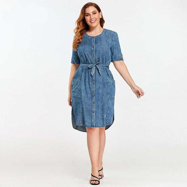 Women's Plus Size Denim Dress Summer Slim Fit Dress Casual Dress Woven Denim Short Sleeve -LengtKneeh with Sashes