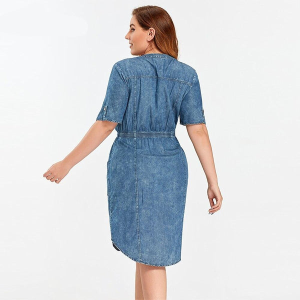 Women's Plus Size Denim Dress Summer Slim Fit Dress Casual Dress Woven Denim Short Sleeve -LengtKneeh with Sashes