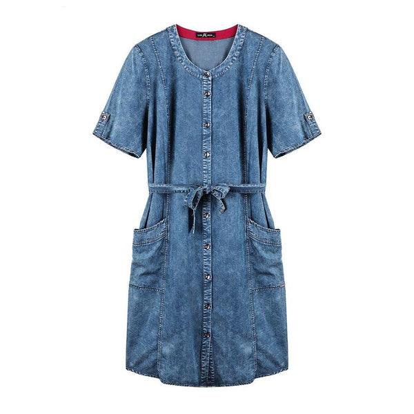 Women's Plus Size Denim Dress Summer Slim Fit Dress Casual Dress Woven Denim Short Sleeve -LengtKneeh with Sashes