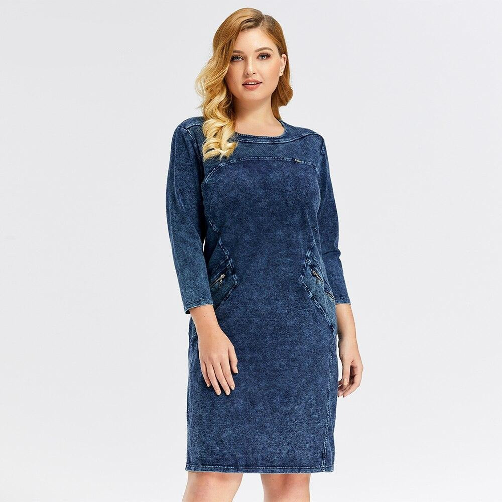 Women's Plus Size Denim Dress Elasticity Knitted Denim Dresses Slim Fit Casual Dress Knee-Length Midi Dress