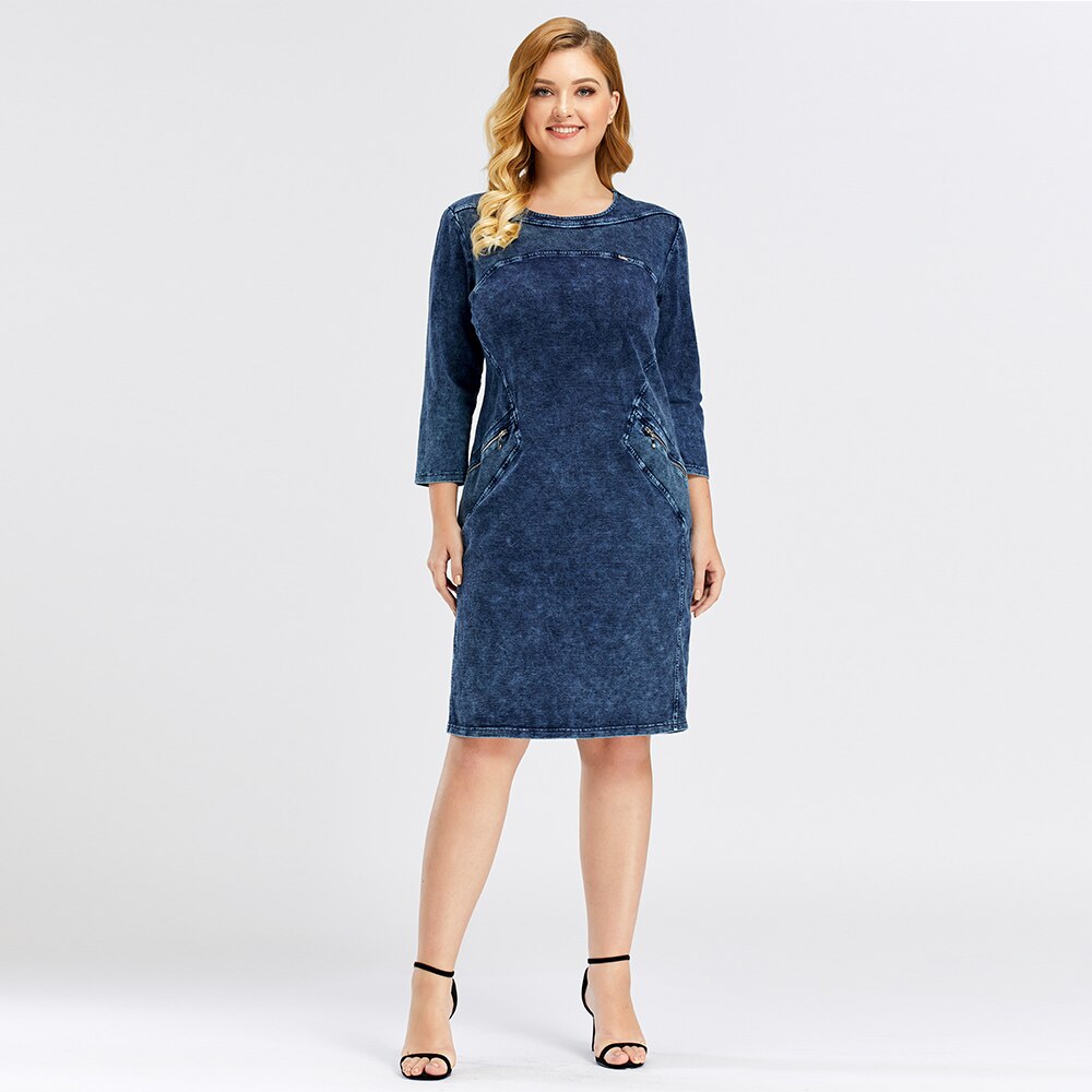 Women's Plus Size Denim Dress Elasticity Knitted Denim Dresses Slim Fit Casual Dress Knee-Length Midi Dress