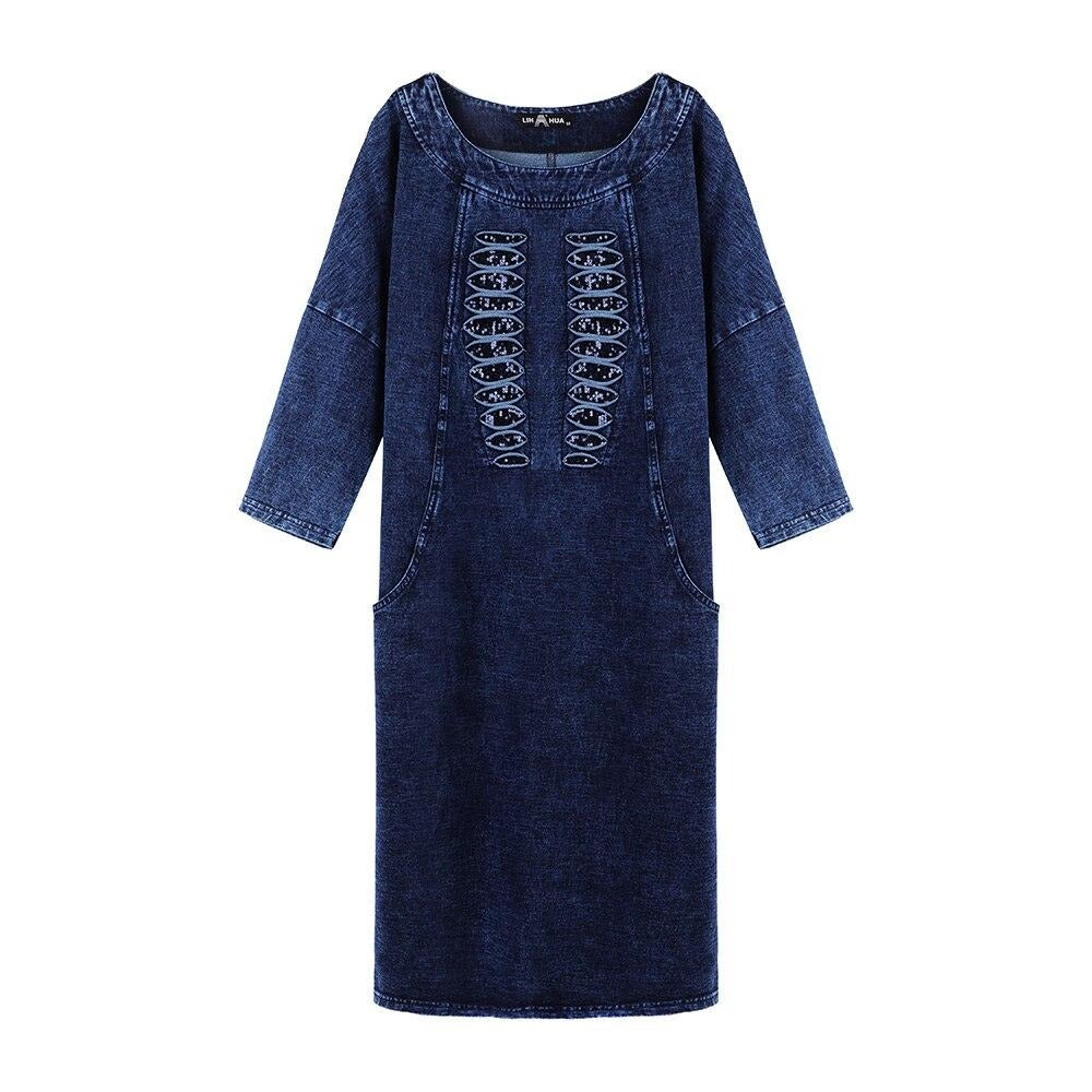 New Fashion Plus Size Denim Dress Solid Tassel Sequined Glitter Stitching Seven-minute Sleeved Dress For Female