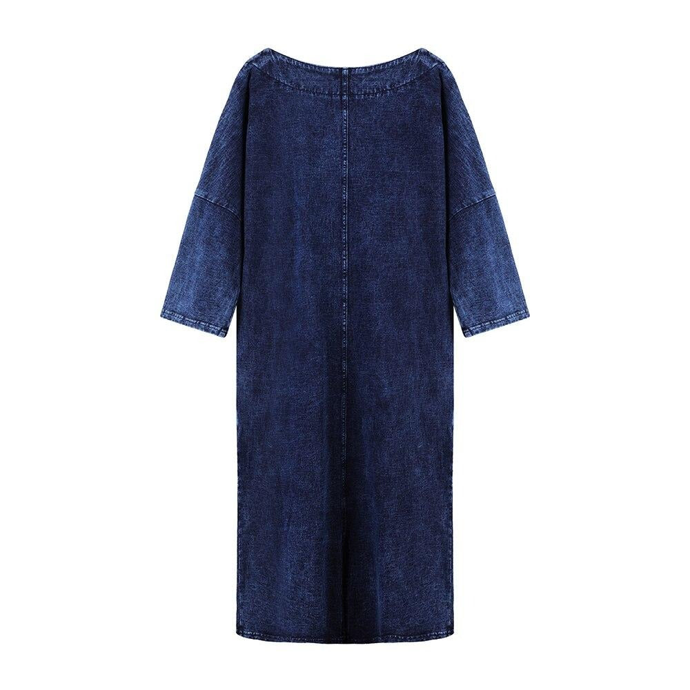 New Fashion Plus Size Denim Dress Solid Tassel Sequined Glitter Stitching Seven-minute Sleeved Dress For Female