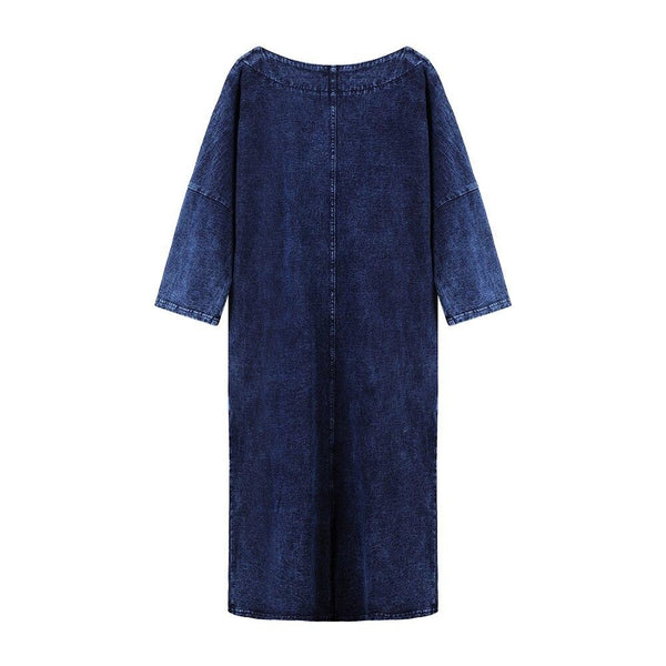 New Fashion Plus Size Denim Dress Solid Tassel Sequined Glitter Stitching Seven-minute Sleeved Dress For Female