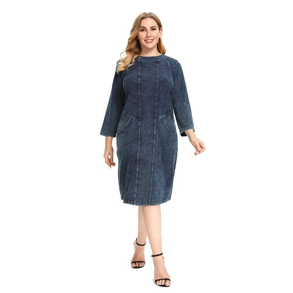Women's Plus Size Denim Dress Elasticity Knitted Denim Dresses Slim Fit Casual Dress Shoulder Pads Midi Dress