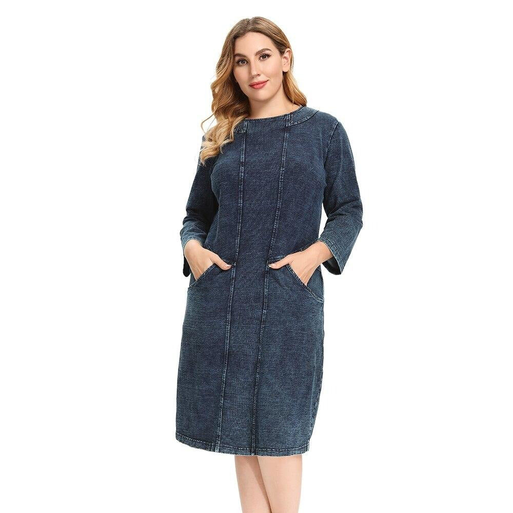 Women's Plus Size Denim Dress Elasticity Knitted Denim Dresses Slim Fit Casual Dress Shoulder Pads Midi Dress