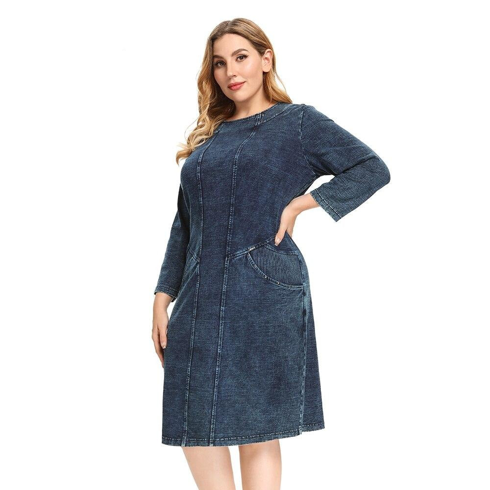 Women's Plus Size Denim Dress Elasticity Knitted Denim Dresses Slim Fit Casual Dress Shoulder Pads Midi Dress