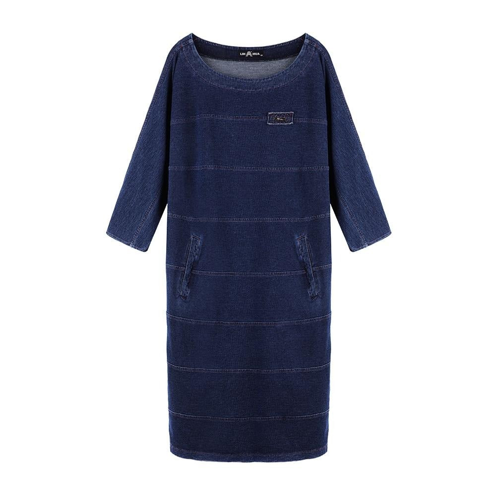 Women's Plus Size Denim Dress Elasticity Knitted Denim Dresses Slim Fit Casual Dress Shoulder Pads Midi Dress