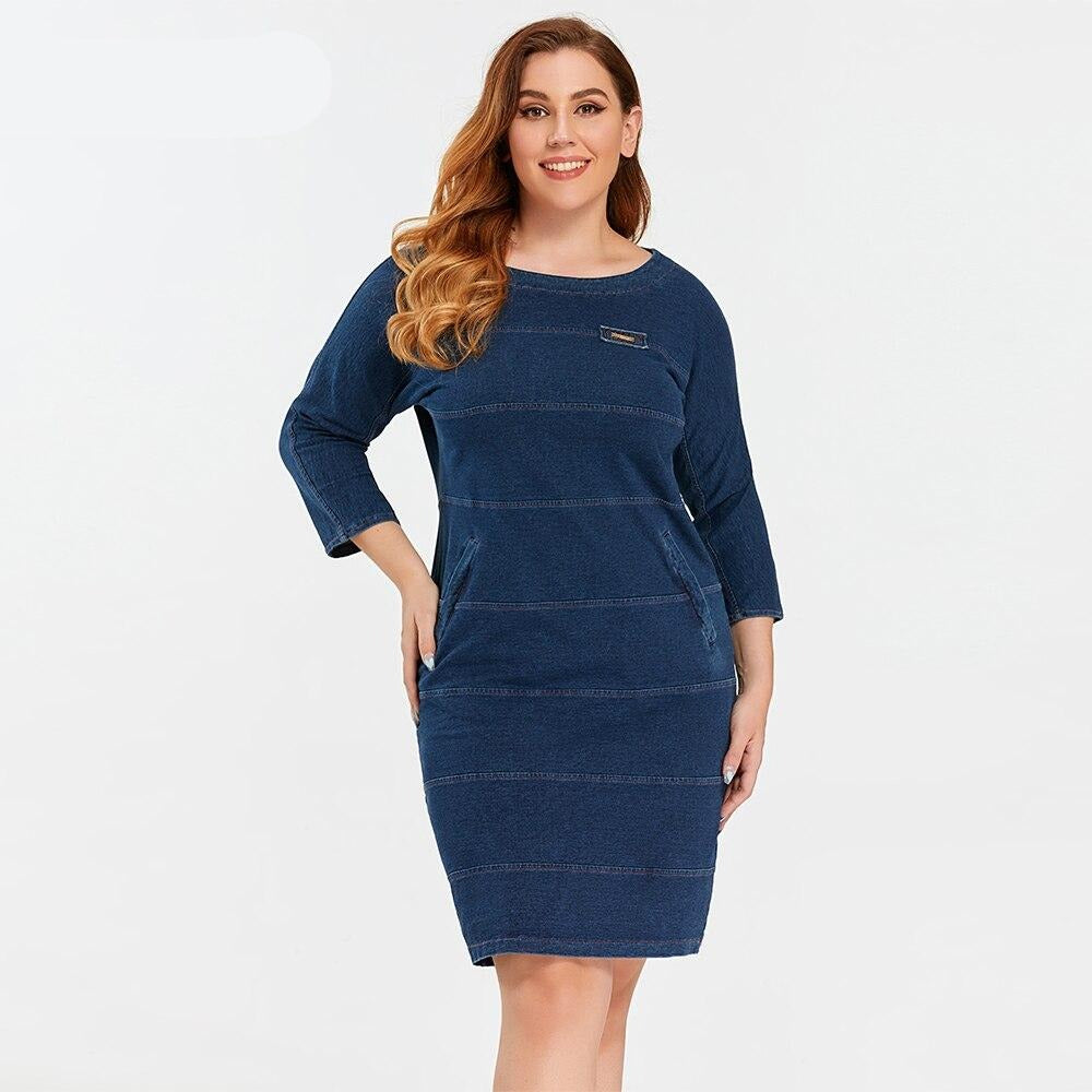 Women's Plus Size Denim Dress Elasticity Knitted Denim Dresses Slim Fit Casual Dress Shoulder Pads Midi Dress
