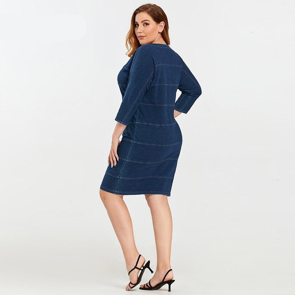 Women's Plus Size Denim Dress Elasticity Knitted Denim Dresses Slim Fit Casual Dress Shoulder Pads Midi Dress
