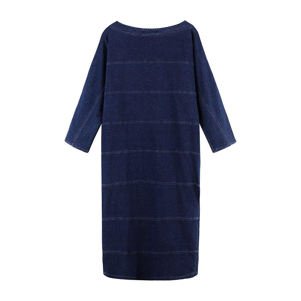 Women's Plus Size Denim Dress Elasticity Knitted Denim Dresses Slim Fit Casual Dress Shoulder Pads Midi Dress