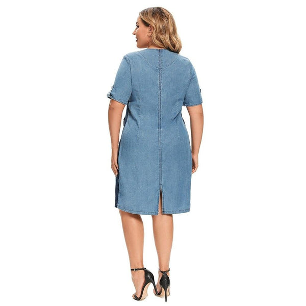 Women's Plus Size Denim Dress Summer Slim Fit Dress Casual Dress Printed Woven Denim Short Sleeve Knee-Length