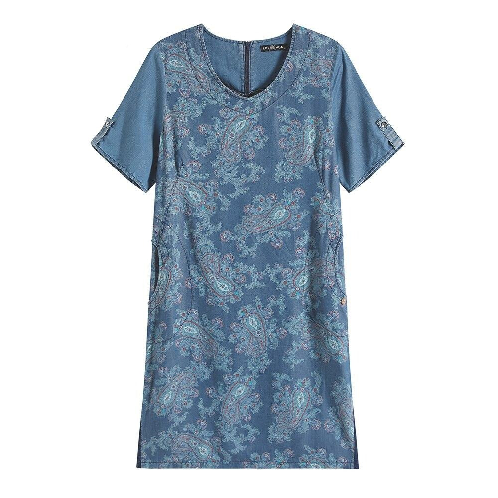 Women's Plus Size Denim Dress Summer Slim Fit Dress Casual Dress Printed Woven Denim Short Sleeve Knee-Length