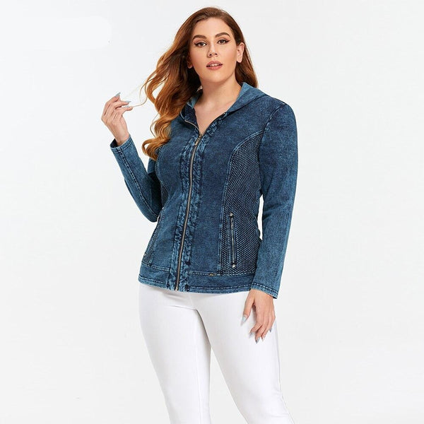 Women's Jacket Plus Size Autumn Casual Denim Jacket High Flexibility Hoodie Blouses Cotton Knitted Denim Chaquetas