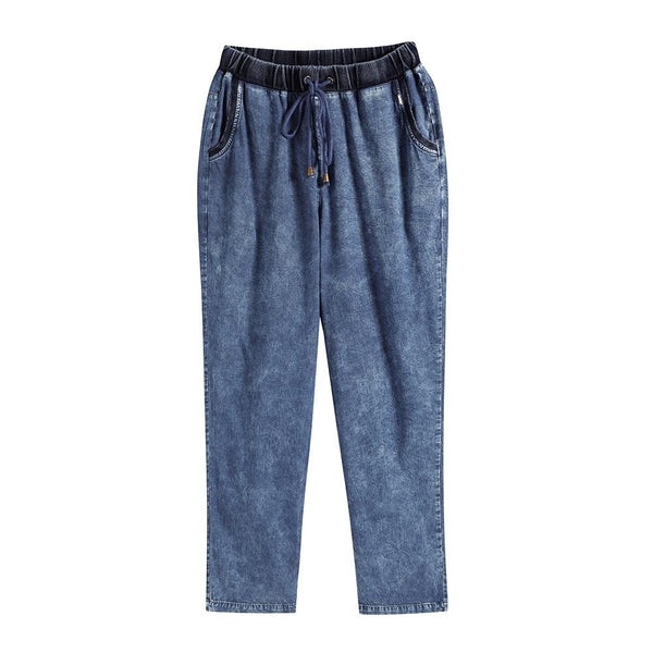 Women's Plus Size Casual Jeans High Flexibility Cotton Woven Thin Denim Trousers Softener Jeans with Elastic Waist