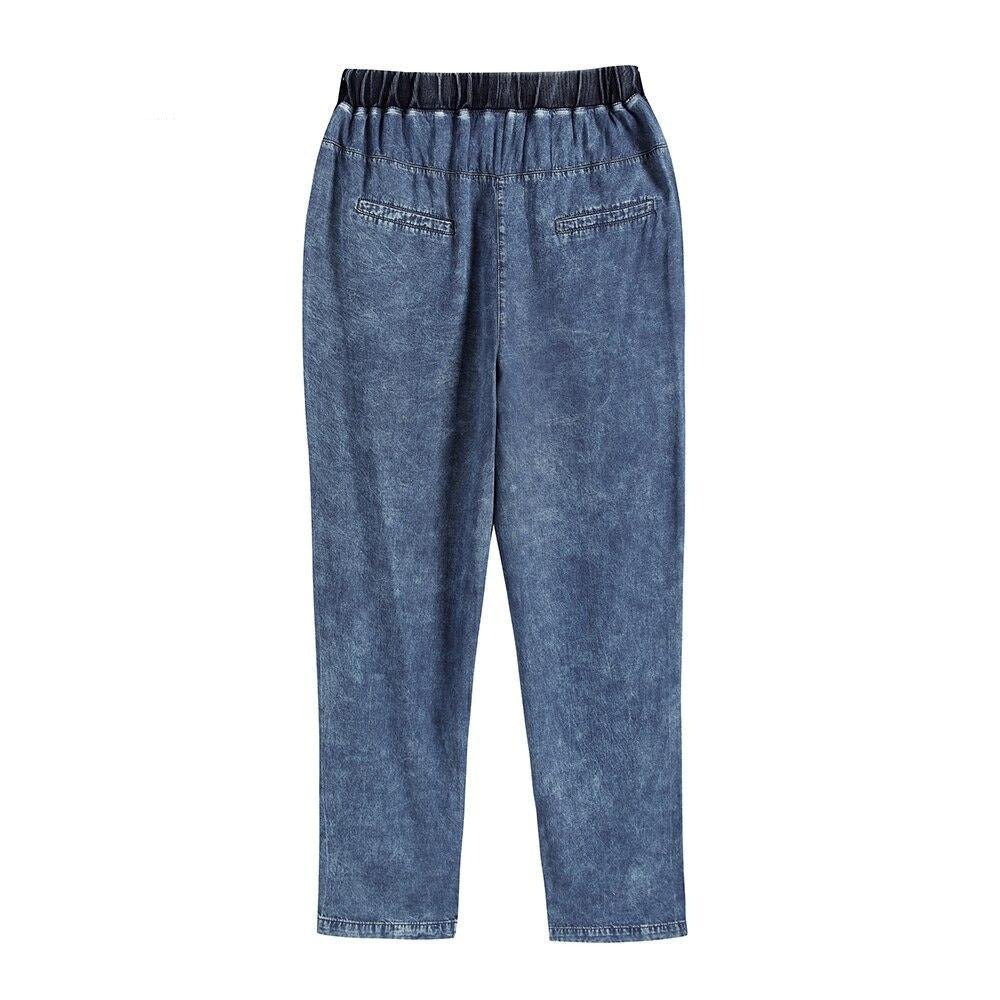 Women's Plus Size Casual Jeans High Flexibility Cotton Woven Thin Denim Trousers Softener Jeans with Elastic Waist